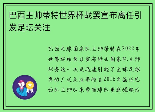 巴西主帅蒂特世界杯战罢宣布离任引发足坛关注 巴西主帅蒂特世界杯战罢宣布离任引发足坛关注