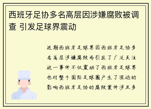 西班牙足协多名高层因涉嫌腐败被调查 引发足球界震动